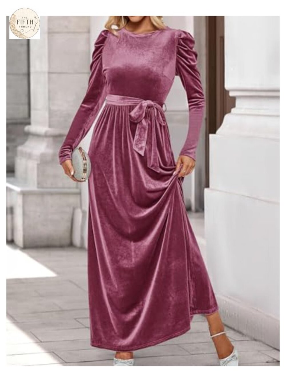 Velvet Long Puff Sleeve Maxi Dress Tie Waist Ruched Formal - Picture 2 of 6